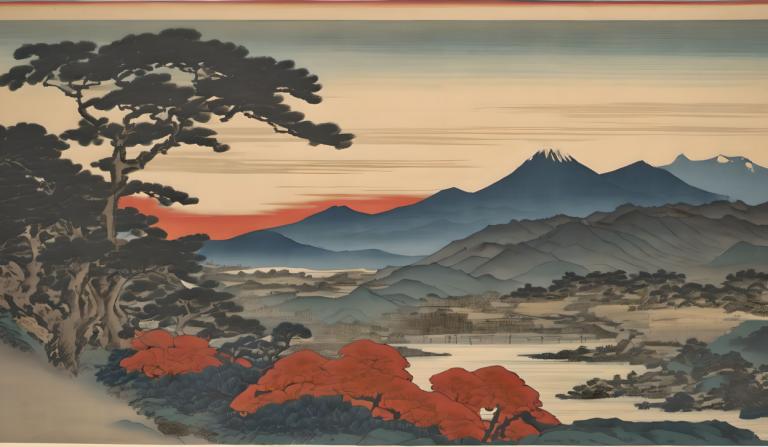 Ukiyo-E,Ukiyo-E, Nature, landscape, no humans, scenery, tree, mountain, outdoors, sky, landscape, nature