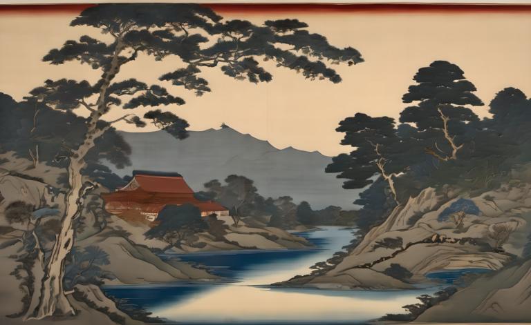 Ukiyo-E,Ukiyo-E, Nature, landscape, no humans, tree, scenery, outdoors, water, border, sky, mountain, rock