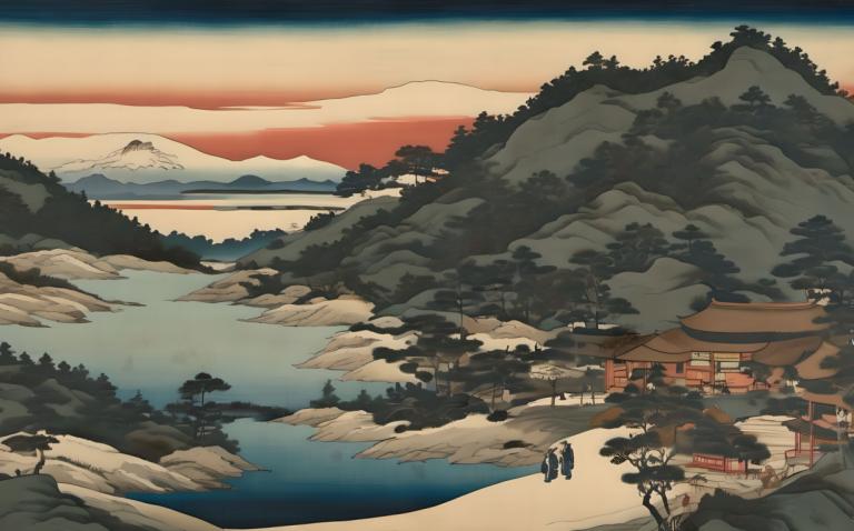 Ukiyo-E,Ukiyo-E, Natur, landskap, landskap, träd, fjäll, utomhus, torii, landskap, himmel, solnedgång