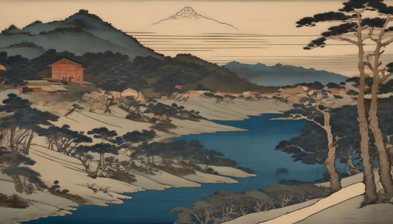 Ukiyo-E,Ukiyo-E, Natur, Landschaft, keine Menschen, Baum, Landschaft, draußen, Berg, kahler Baum, Himmel