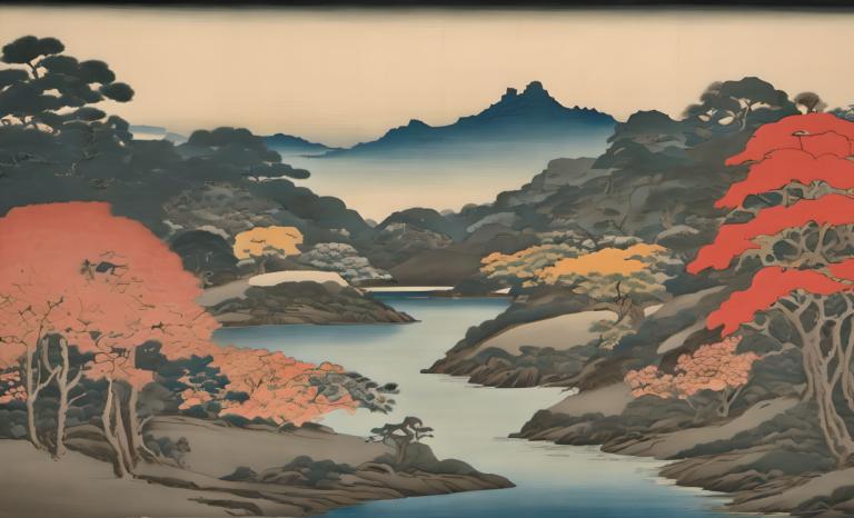 Ukiyo-E,Ukiyo-E, Natur, Landschaft, Landschaft, Baum, draußen, keine Menschen, Wasser, Fluss, See, Landschaft