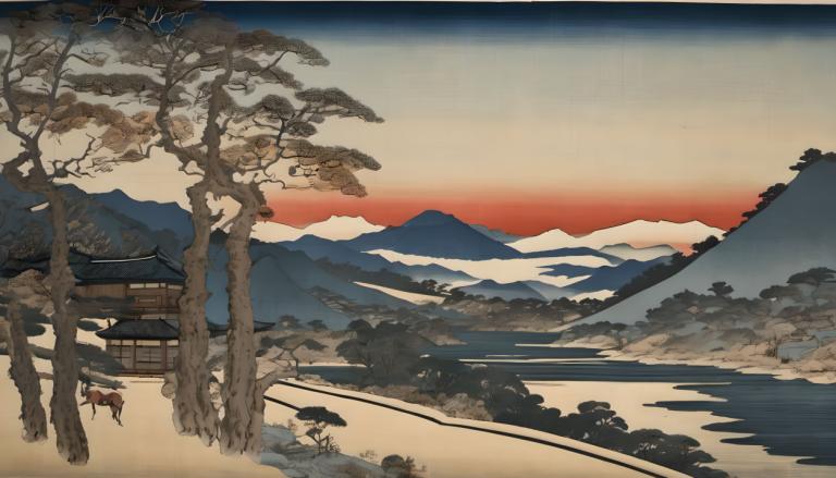 Ukiyo-E,Ukiyo-E, Nature, landscape, tree, scenery, mountain, outdoors, no humans, sky, sunset, bare tree