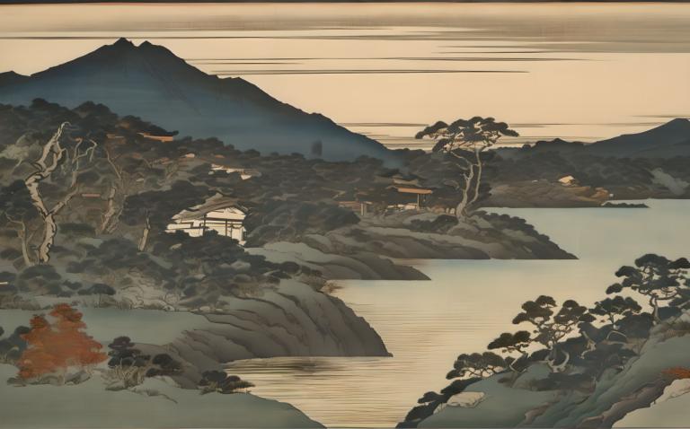 Ukiyo-E,Ukiyo-E, Natur, Landschaft, Landschaft, keine Menschen, Baum, Berg, draußen, Fluss, Landschaft