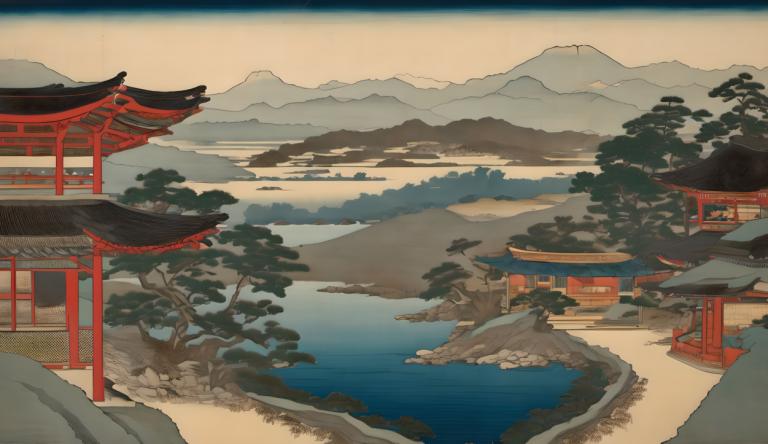 Ukiyo-E,Ukiyo-E, Nature, landscape, no humans, scenery, tree, outdoors, mountain, east asian architecture