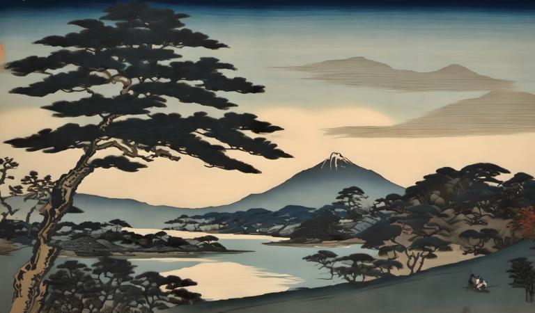 Ukiyo-E,Ukiyo-E, Nature, paysage, arbre, paysage, pas d'humains, en plein air, montagne, ciel, nature