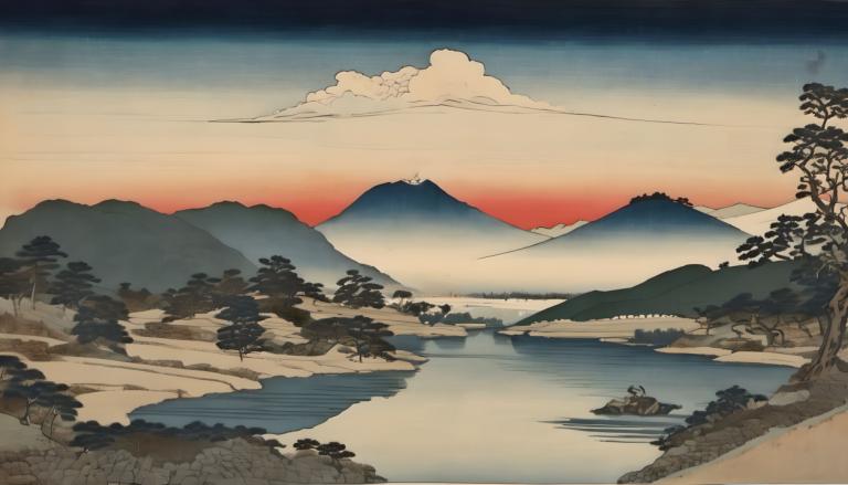 Ukiyo-E,Ukiyo-E, Natur, landskap, ingen mennesker, natur, tre, utendørs, himmel, Sky, fjell, solnedgang