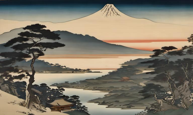 Ukiyo-E,Ukiyo-E, Nature, landscape, no humans, scenery, tree, mountain, outdoors, sky, landscape, bare tree