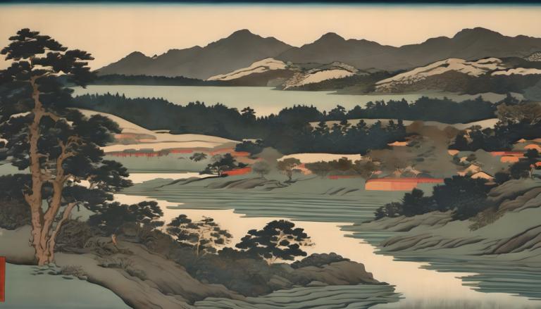 Ukiyo-E,Ukiyo-E, Nature, landscape, no humans, scenery, tree, outdoors, lake, mountain, nature, border, water