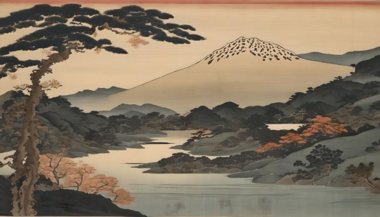 Ukiyo-E,Ukiyo-E, Nature, landscape, no humans, mountain, tree, scenery, outdoors, border, lake, reflection