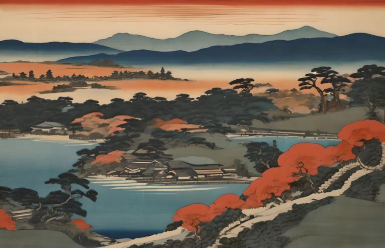 Ukiyo-E,Ukiyo-E, Nature, landscape, no humans, scenery, tree, outdoors, mountain, sunset, landscape, river