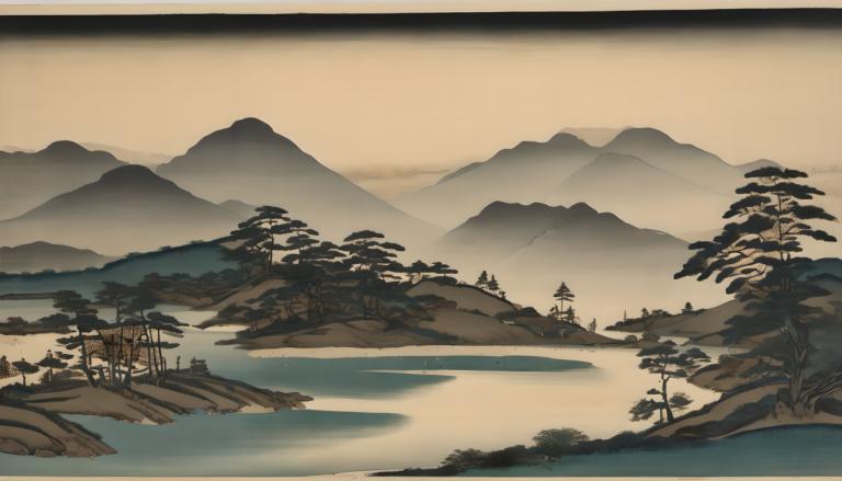 Ukiyo-E,Ukiyo-E, Nature, landscape, scenery, no humans, tree, mountain, outdoors, sky, landscape, lake, water