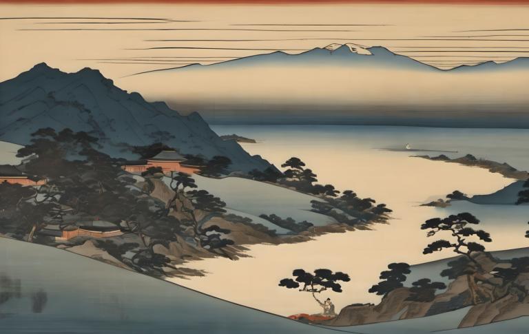 Ukiyo-E,Ukiyo-E, Nature, landscape, no humans, tree, scenery, outdoors, mountain, sky, sunset, landscape