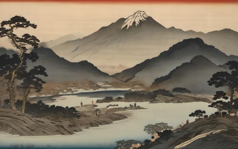 Ukiyo-E,Ukiyo-E, Natuur, landschap, berg, landschap, boom, buitenshuis, rivier, meer, water, geen mensen