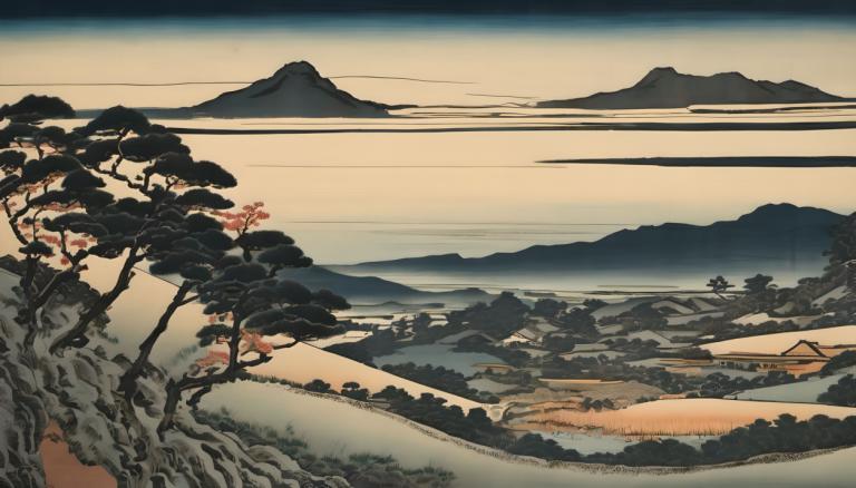 Ukiyo-E,Ukiyo-E, Natur, landskap, tre, natur, ingen mennesker, utendørs, fjell, landskap, himmel, Sky, natur