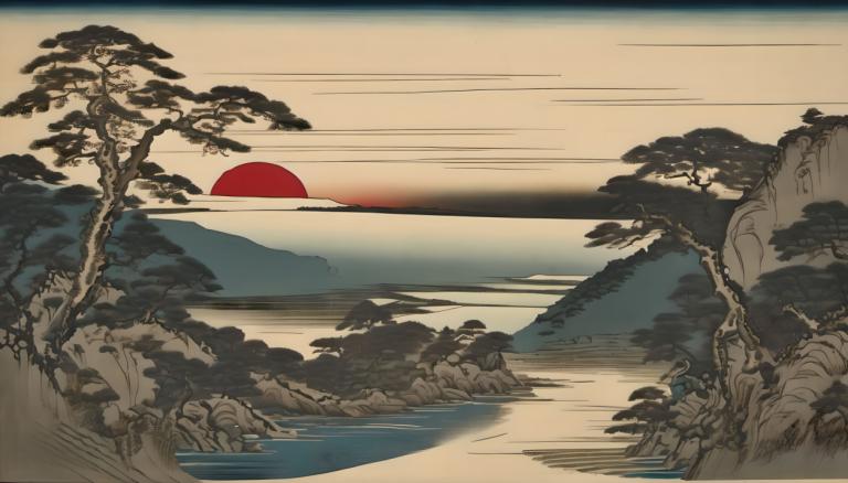 Ukiyo-E,Ukiyo-E, Natura, paesaggio, nessun essere umano, albero, all'aperto, montagna, scenario, acqua, sole