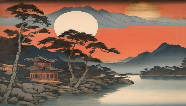 Ukiyo-E,Ukiyo-E, Nature, landscape, no humans, scenery, tree, mountain, outdoors, sky