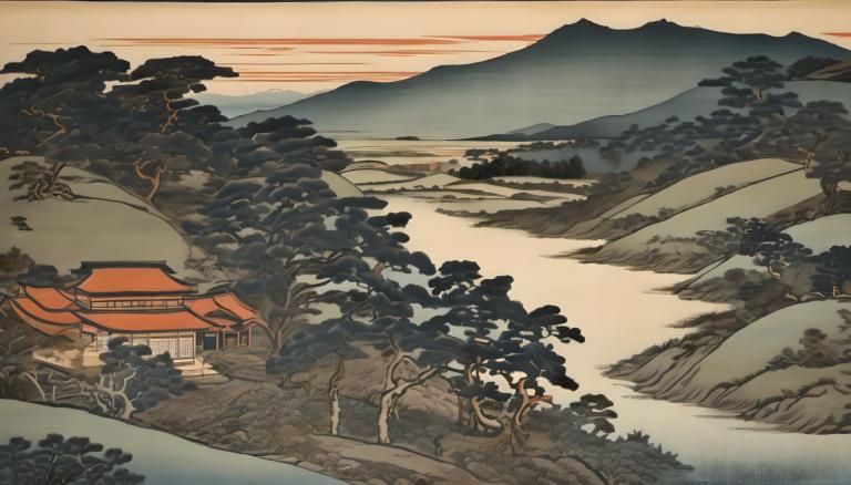 Ukiyo-E,Ukiyo-E, Narava, pokrajina, drevo, kulisa, gora, na prostem, brez ljudi, sneg, hiša, sončni zahod