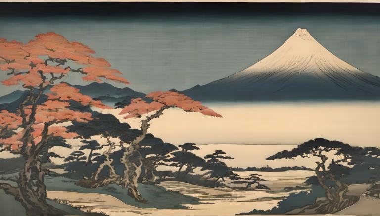 Ukiyo-E,Ukiyo-E, Nature, landscape, no humans, scenery, tree, mountain, outdoors, sky, landscape