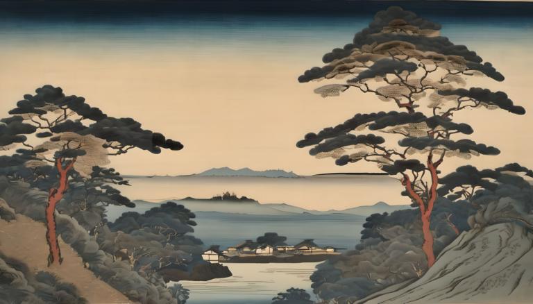 Ukiyo-E,Ukiyo-E, Natur, Landschaft, keine Menschen, Landschaft, Baum, draußen, Himmel, Landschaft, Berg