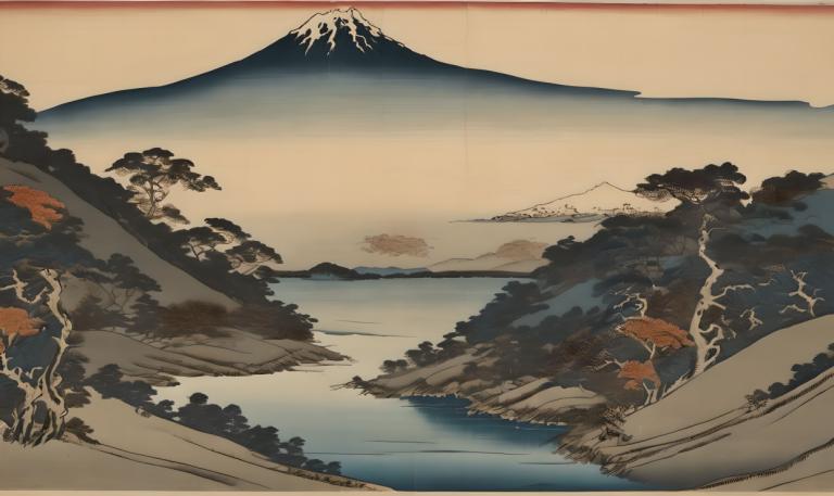 Ukiyo-E,Ukiyo-E, Natur, Landschaft, keine Menschen, Landschaft, Berg, Baum, draußen, Grenze, See, Landschaft