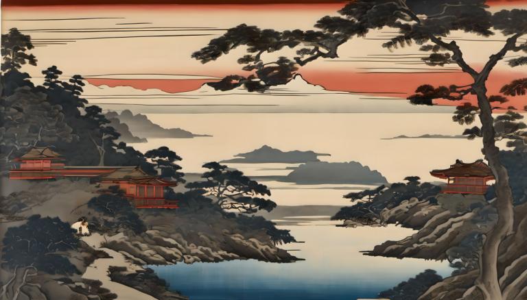 Ukiyo-E,Ukiyo-E, Natur, landskap, tre, natur, himmel, utendørs, Sky, hatt, kirisame marisa, solnedgang