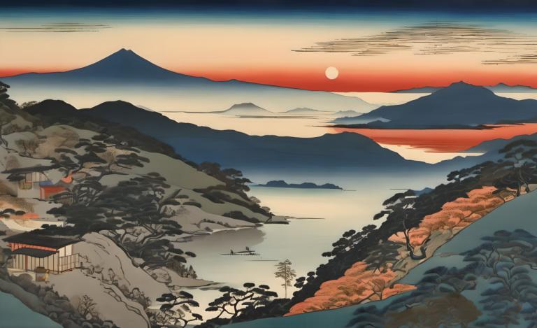 Ukiyo-E,Ukiyo-E, Nature, landscape, no humans, scenery, mountain, outdoors, tree, sky, sunset, sun, landscape