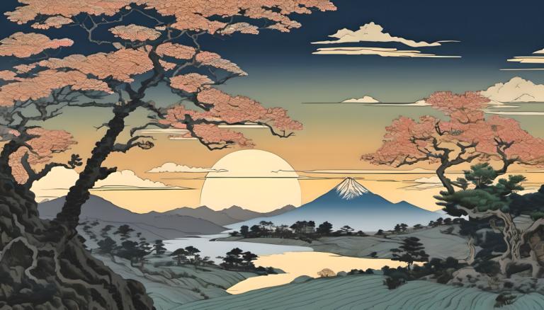 Ukiyo-E,Ukiyo-E, Nature, landscape, no humans, tree, scenery, mountain, sky, cloud, outdoors, landscape, sun