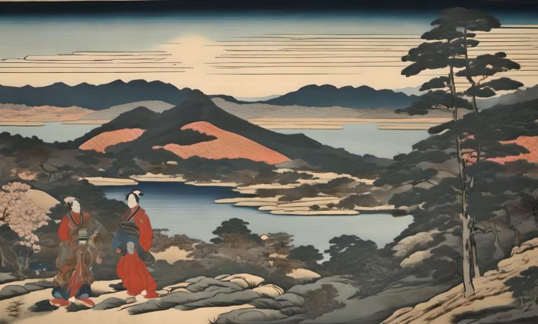 Ukiyo-E,Ukiyo-E, Natur, landskap, flere jenter, utendørs, tre, natur, fjell, svart hår, himmel, japanske klær