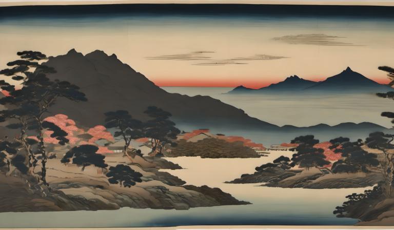 Ukiyo-E,Ukiyo-E, Nature, landscape, scenery, no humans, tree, outdoors, mountain, border, sky, sunset