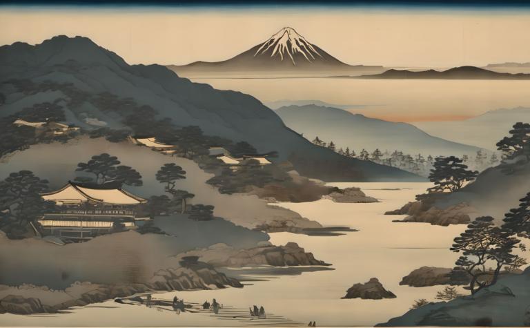 Ukiyo-E,Ukiyo-E, Natura, paesaggio, montagna, scenario, albero, nessun essere umano, all'aperto, paesaggio