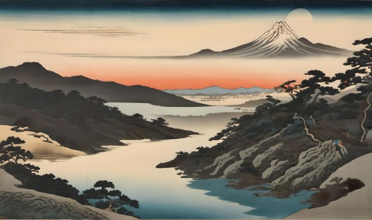 Ukiyo-E,Ukiyo-E, Nature, landscape, scenery, mountain, tree, landscape, outdoors, no humans, lake, sunset