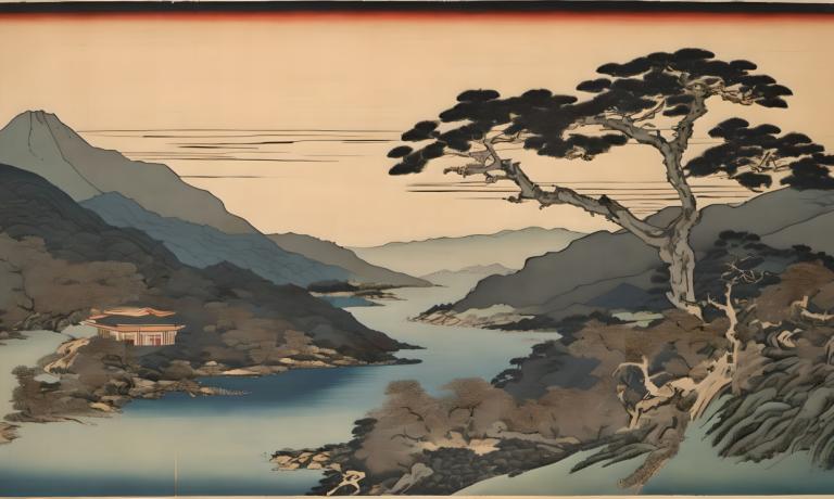 Ukiyo-E,Ukiyo-E, Nature, landscape, no humans, tree, scenery, mountain, outdoors, border, sky, torii