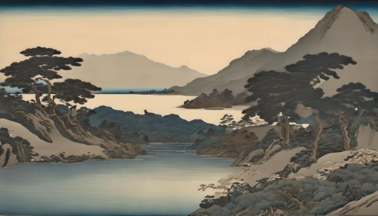 Ukiyo-E,Ukiyo-E, Nature, landscape, scenery, tree, no humans, outdoors, mountain, landscape, lake, water