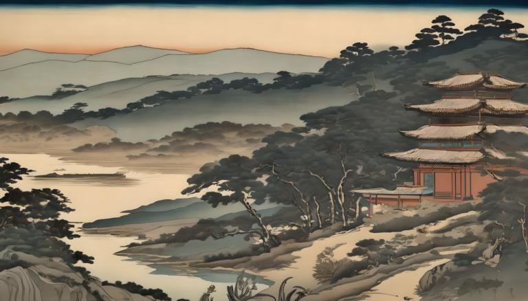 Ukiyo-E,Ukiyo-E, Nature, landscape, tree, scenery, outdoors, mountain, no humans, sky, cloud