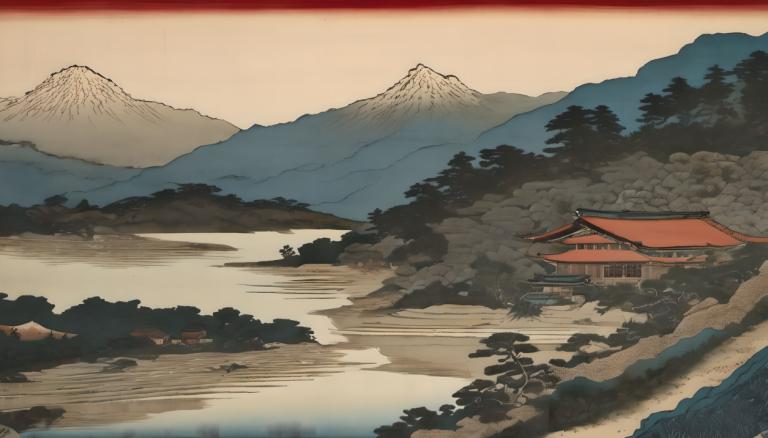 Ukiyo-E,Ukiyo-E, Natur, landskap, ingen mennesker, fjell, natur, utendørs, østasiatisk arkitektur, tre