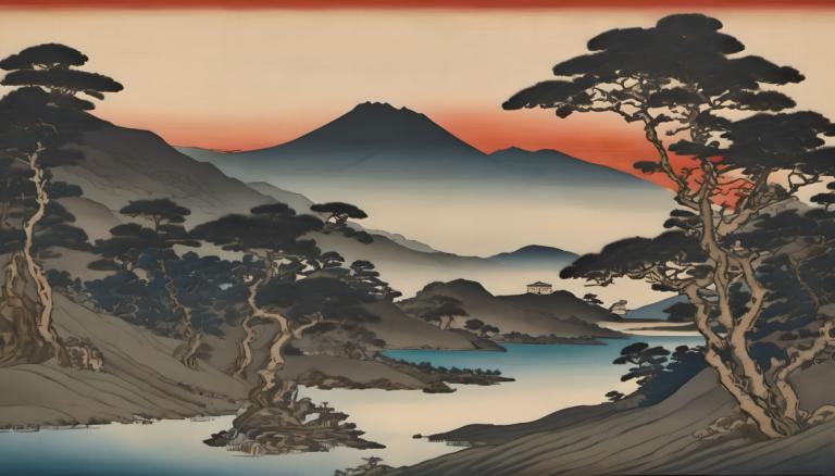 Ukiyo-E,Ukiyo-E, Nature, landscape, no humans, tree, scenery, mountain, outdoors, sky, sunset, landscape