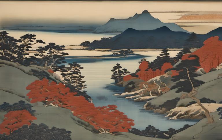 Ukiyo-E,Ukiyo-E, Nature, landscape, no humans, scenery, tree, outdoors, mountain, water, nature, landscape