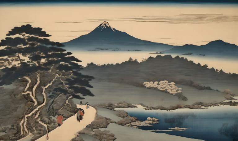 Ukiyo-E,Ukiyo-E, Natur, landskap, tre, natur, fjell, hakurei reimu, utendørs, landskap, svart hår, 1 jente