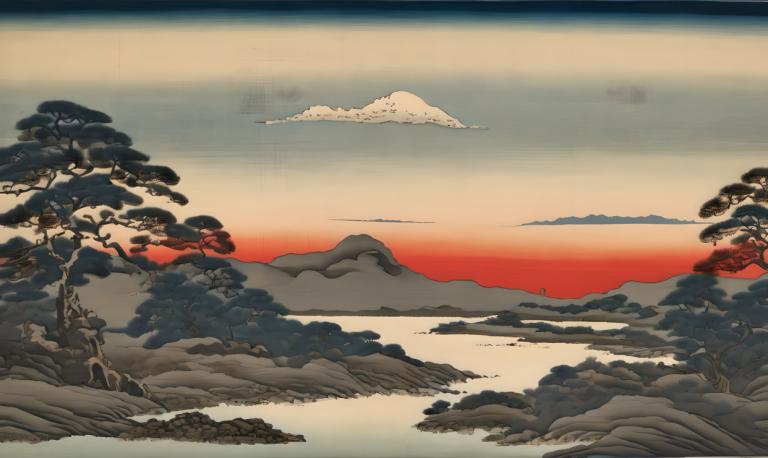 Ukiyo-E,Ukiyo-E, Natura, paesaggio, nessun essere umano, scenario, montagna, albero, nuvola, cielo