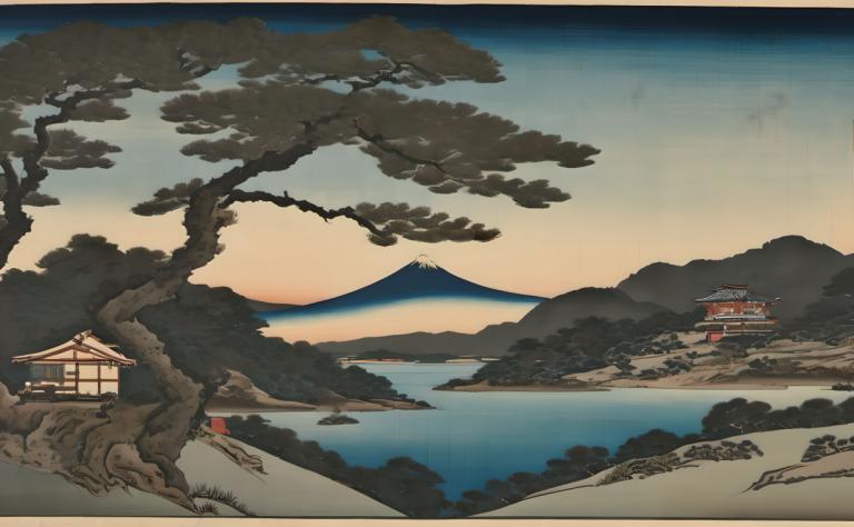 Ukiyo-E,Ukiyo-E, Nature, landscape, no humans, scenery, tree, outdoors, mountain, sky