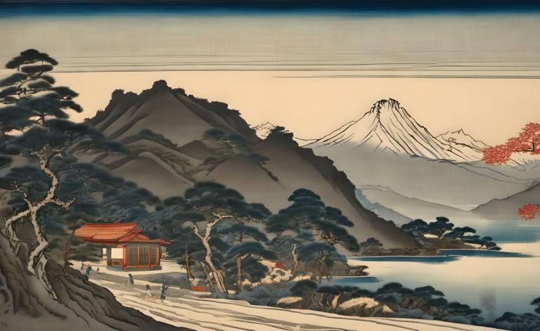 Ukiyo-E,Ukiyo-E, Nature, landscape, tree, scenery, mountain, no humans, outdoors, snow, sky