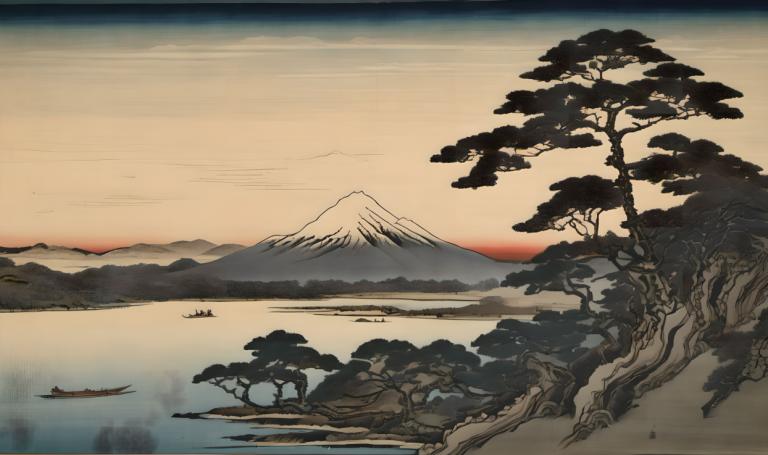 Ukiyo-E,Ukiyo-E, Nature, landscape, tree, no humans, scenery, mountain, outdoors, lake, landscape, sky