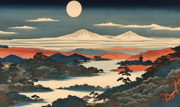 Ukiyo-E,Ukiyo-E, Nature, landscape, no humans, mountain, scenery, cloud, sky, outdoors, moon, tree, landscape