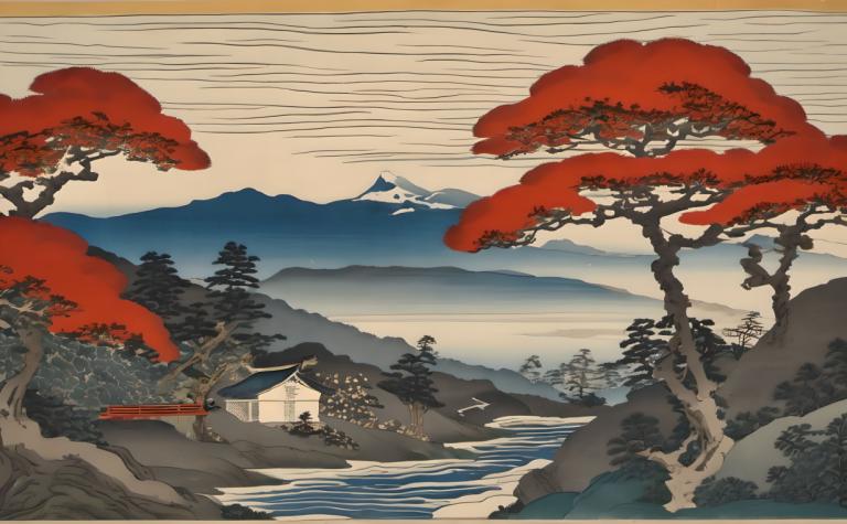 Ukiyo-E,Ukiyo-E, Nature, landscape, tree, scenery, mountain, no humans, outdoors, sky, border, cloud, water