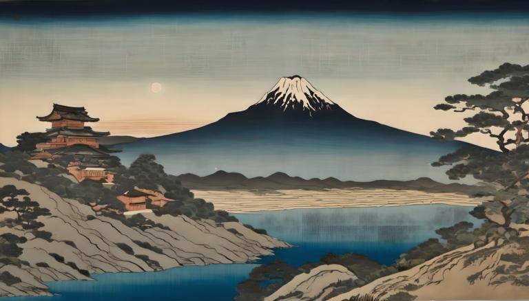 Ukiyo-E,Ukiyo-E, Natur, landskap, inga människor, landskap, fjäll, utomhus, himmel, träd