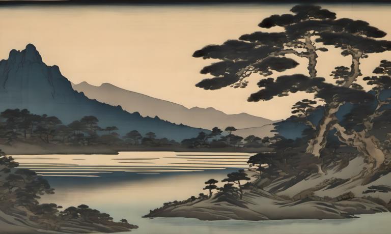 Ukiyo-E,Ukiyo-E, Nature, landscape, no humans, scenery, tree, outdoors, mountain, lake, landscape, river