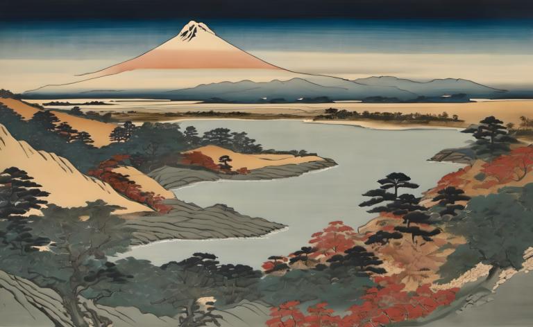 Ukiyo-E,Ukiyo-E, Natur, landskap, landskap, inga människor, fjäll, utomhus, träd, landskap, himmel, natur