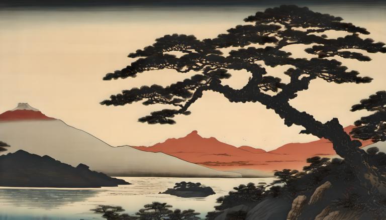 Ukiyo-E,Ukiyo-E, Natur, Landschaft, keine Menschen, Baum, Landschaft, draußen, Berg, Wasser, Himmel, See