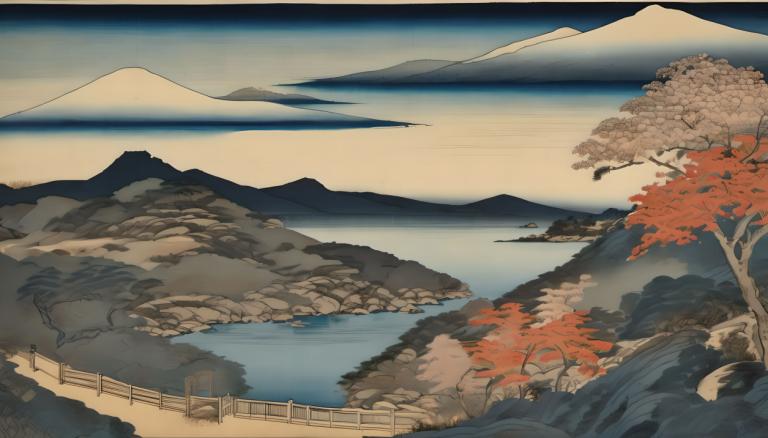 Ukiyo-E,Ukiyo-E, Nature, landscape, no humans, scenery, tree, mountain, outdoors, bridge, sky, river