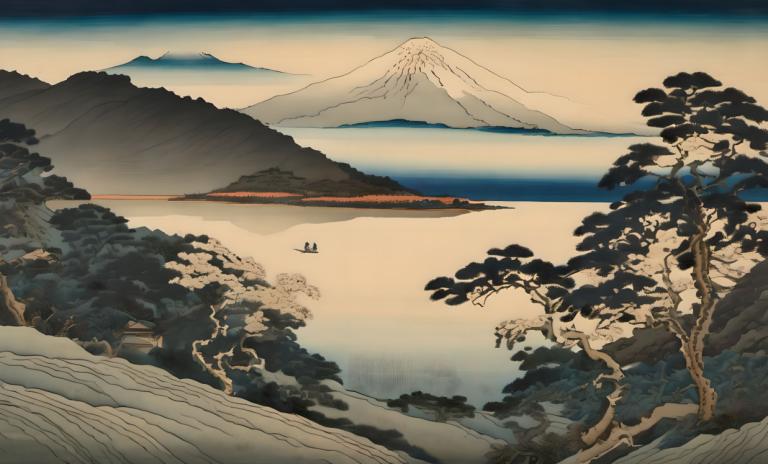 Ukiyo-E,Ukiyo-E, Nature, landscape, tree, scenery, mountain, outdoors, landscape, lake, no humans, nature